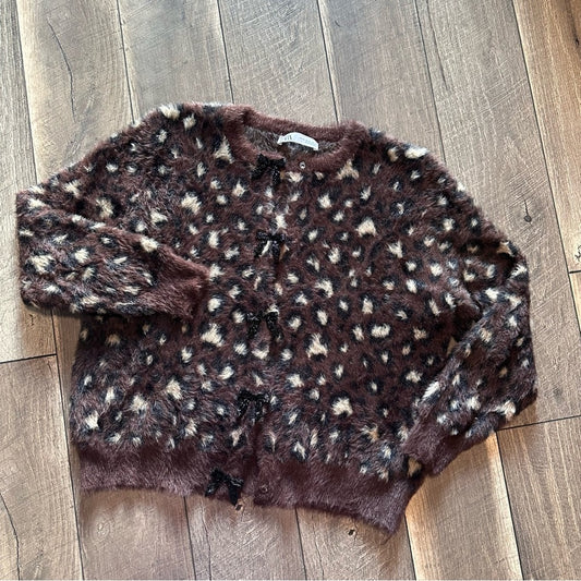 Zara Fuzzy Leopard Bow Button Sweater
