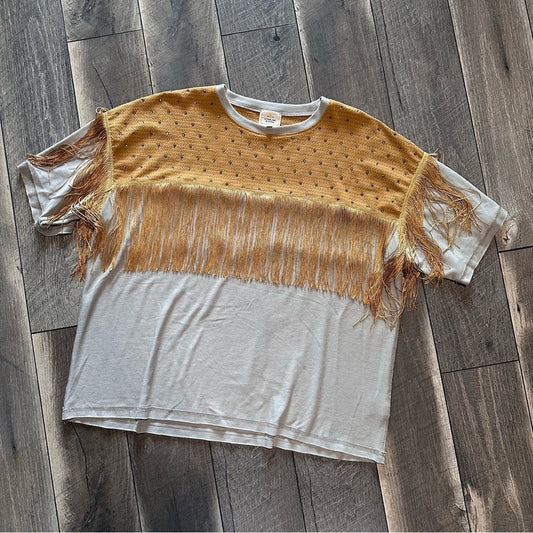 Sterling & Stitch Short Sleeve Fringe Top