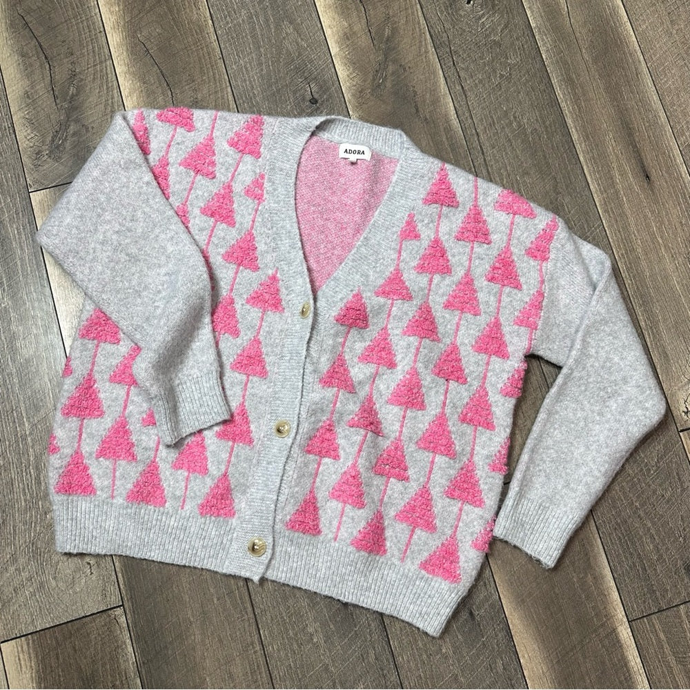 Adora Pink Oversized Christmas Tree Fuzzy Button Up Sweater