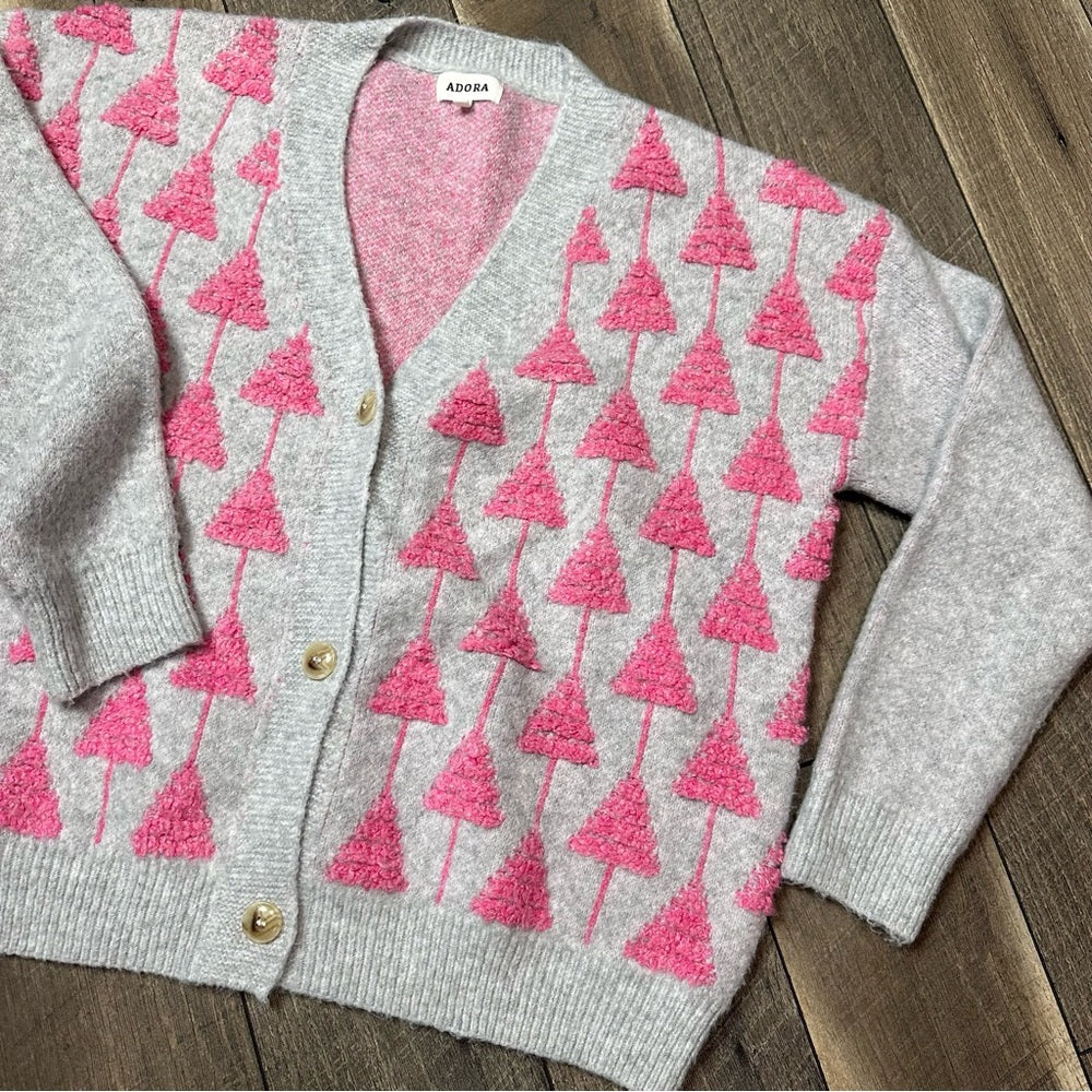 Adora Pink Oversized Christmas Tree Fuzzy Button Up Sweater