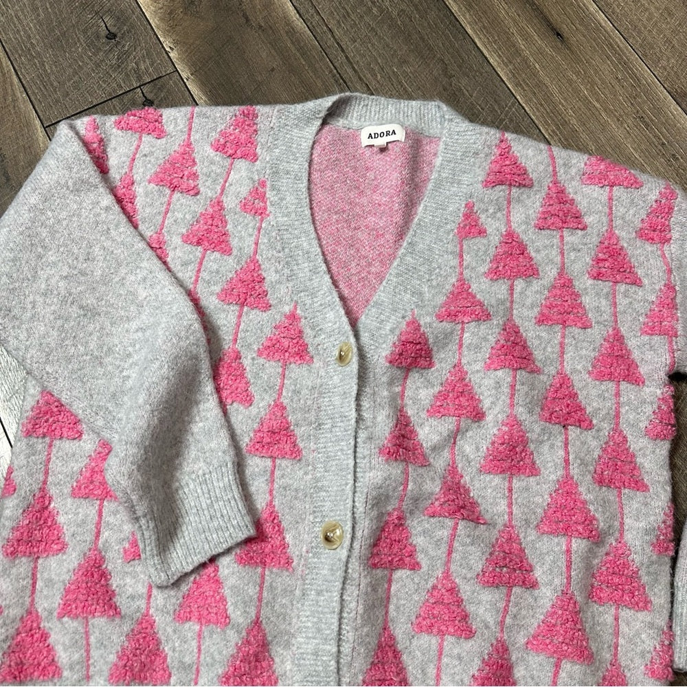 Adora Pink Oversized Christmas Tree Fuzzy Button Up Sweater