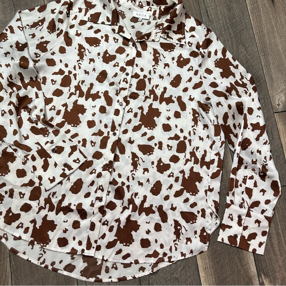 ACOA Cow Print Silky Button Down