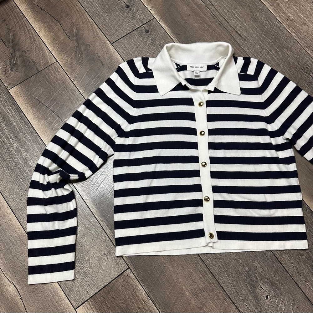 Free Assembly Navy Striped Button Down Sweater