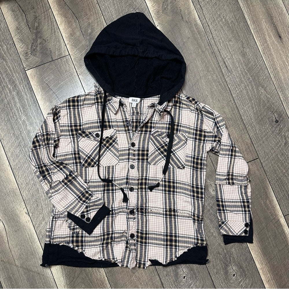BKE Hooded Plaid Distressed Button Down