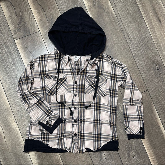 BKE Hooded Plaid Distressed Button Down