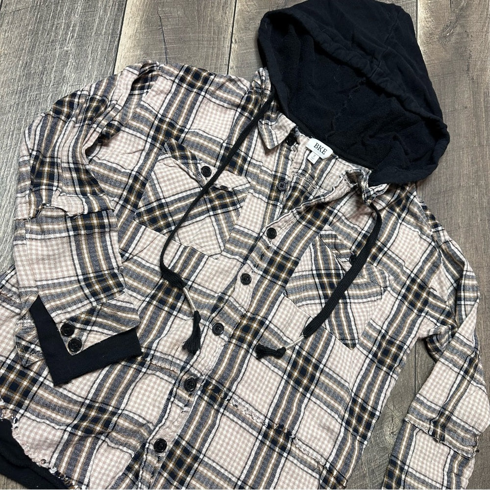 BKE Hooded Plaid Distressed Button Down