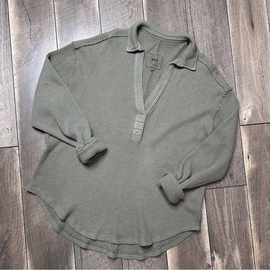 Aerie Olive Oversized Waffleknit Collared Pullover