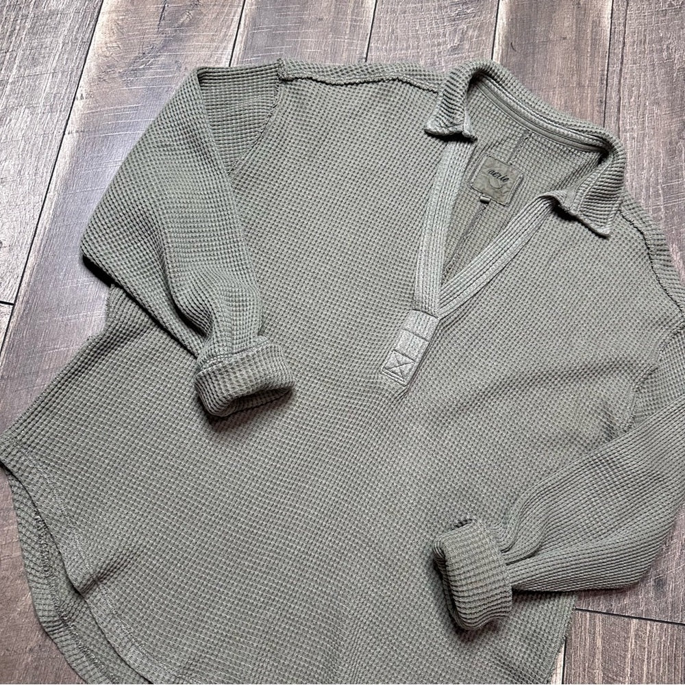 Aerie Olive Oversized Waffleknit Collared Pullover
