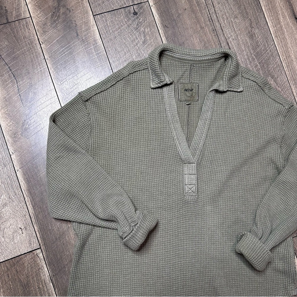 Aerie Olive Oversized Waffleknit Collared Pullover