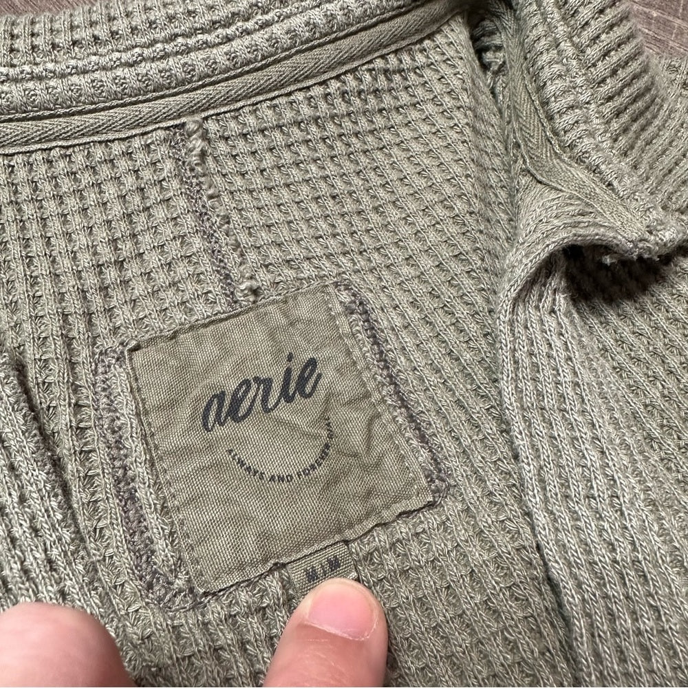 Aerie Olive Oversized Waffleknit Collared Pullover
