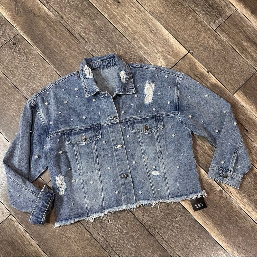 Boutique Pearly Studded Denim Raw Hem Jacket