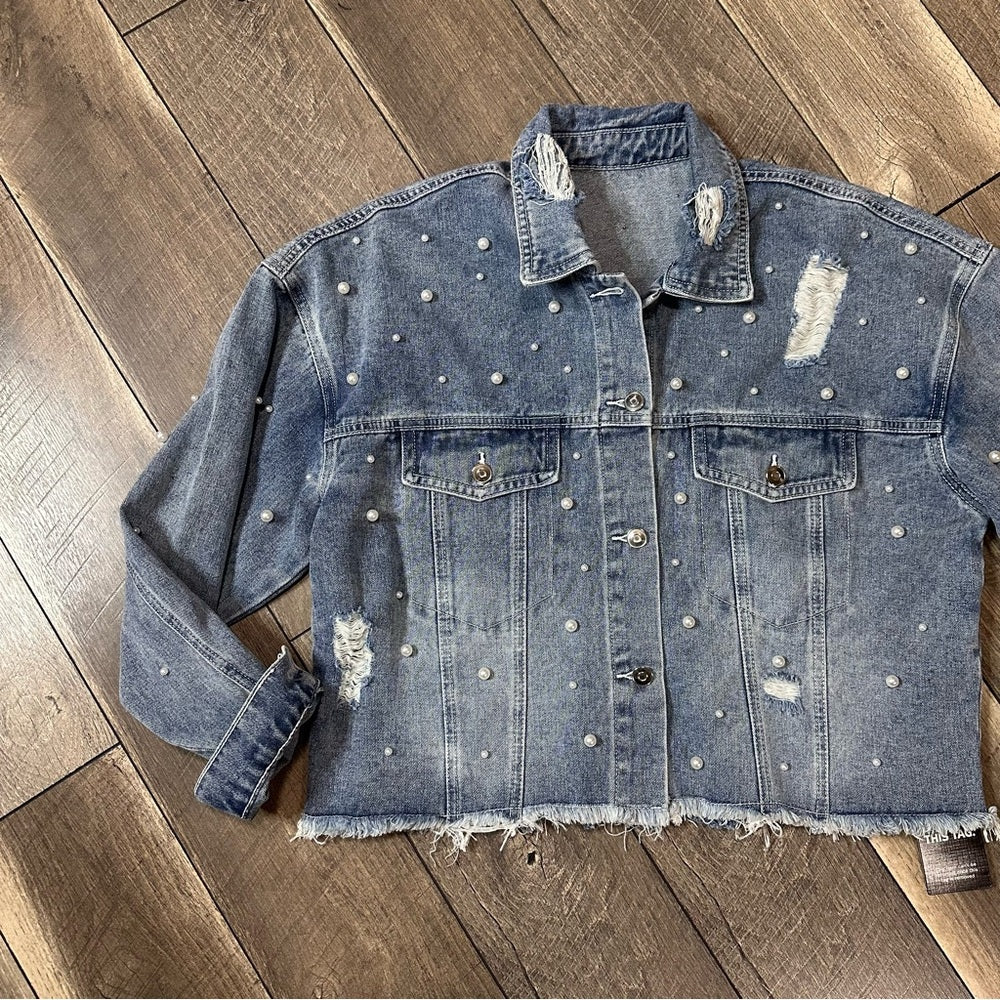 Boutique Pearly Studded Denim Raw Hem Jacket