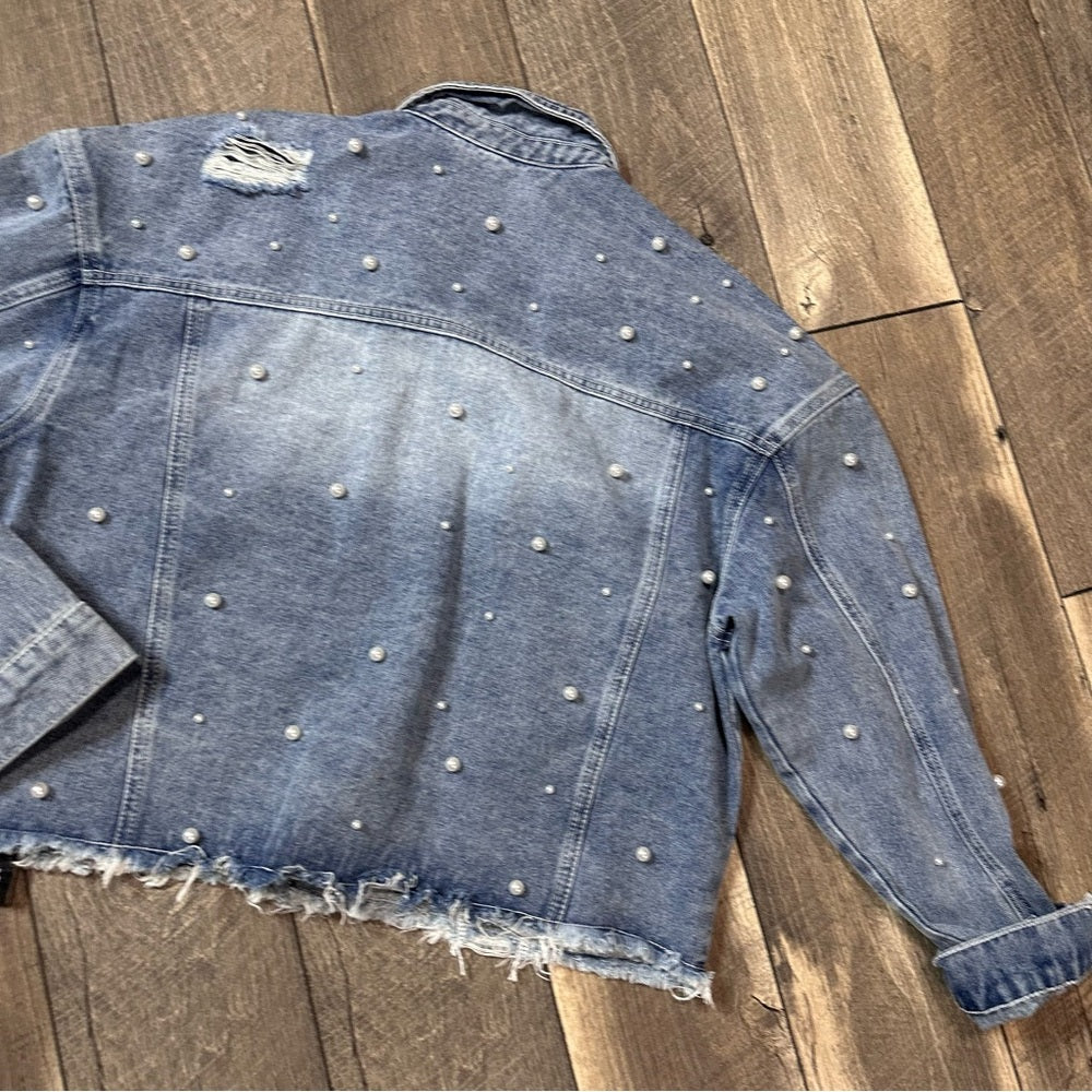 Boutique Pearly Studded Denim Raw Hem Jacket