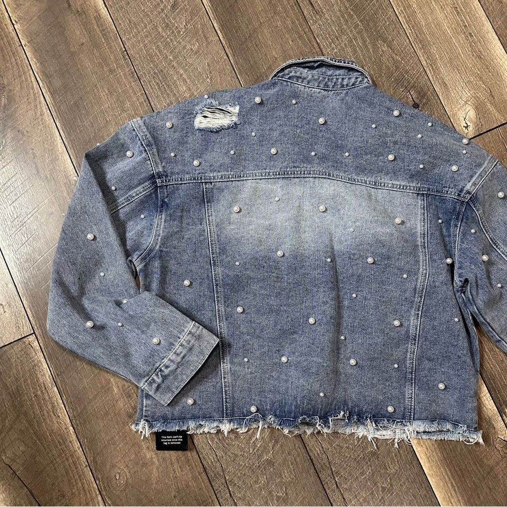 Boutique Pearly Studded Denim Raw Hem Jacket