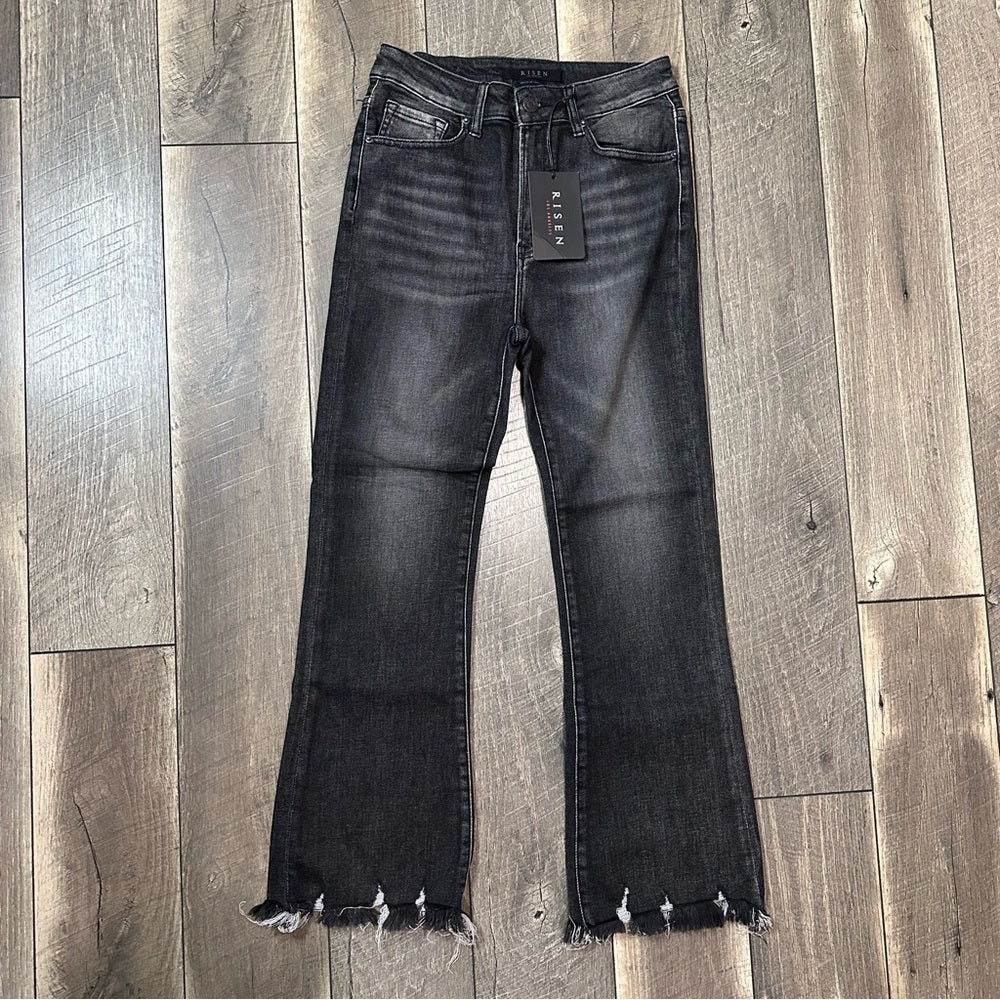 Risen Hi Rise Frayed Hem Ankle Flare Jeans