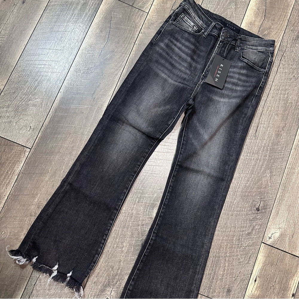 Risen Hi Rise Frayed Hem Ankle Flare Jeans