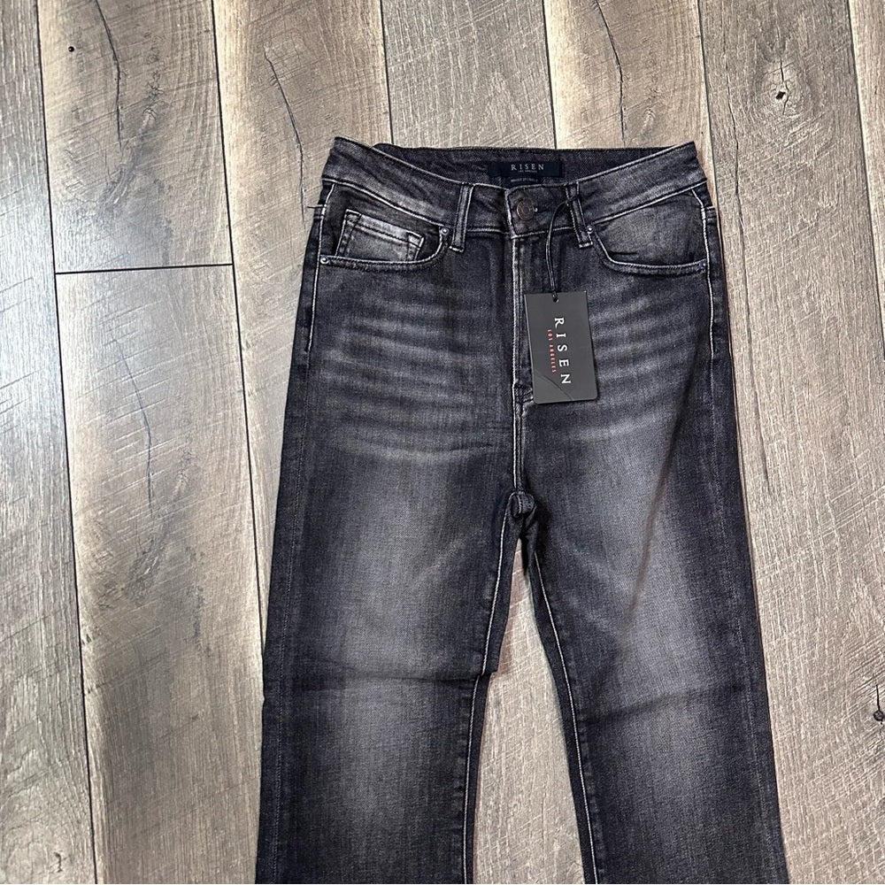 Risen Hi Rise Frayed Hem Ankle Flare Jeans