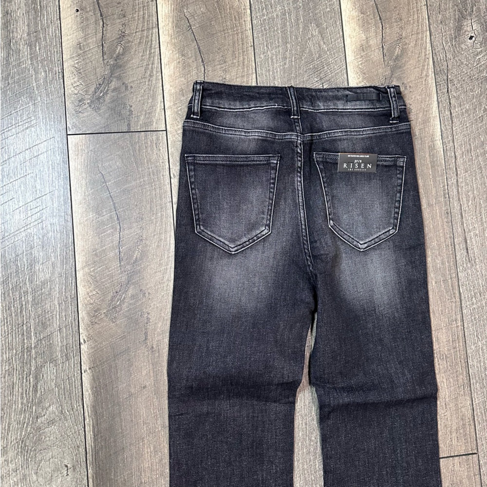 Risen Hi Rise Frayed Hem Ankle Flare Jeans