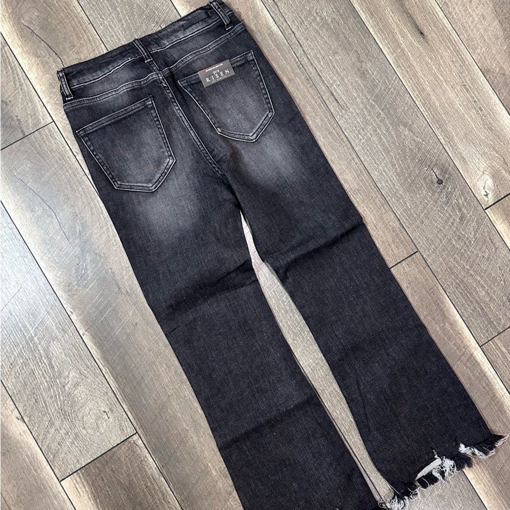 Risen Hi Rise Frayed Hem Ankle Flare Jeans