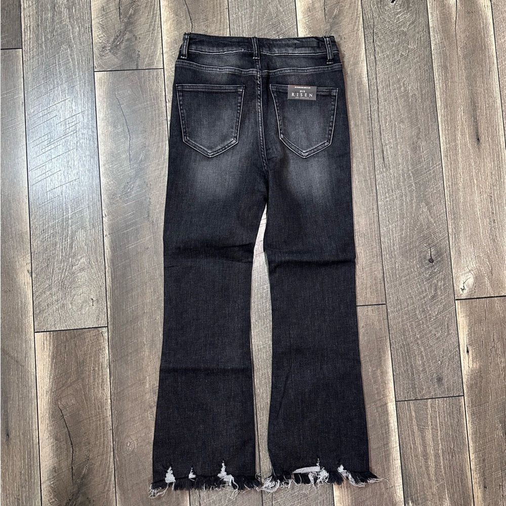 Risen Hi Rise Frayed Hem Ankle Flare Jeans