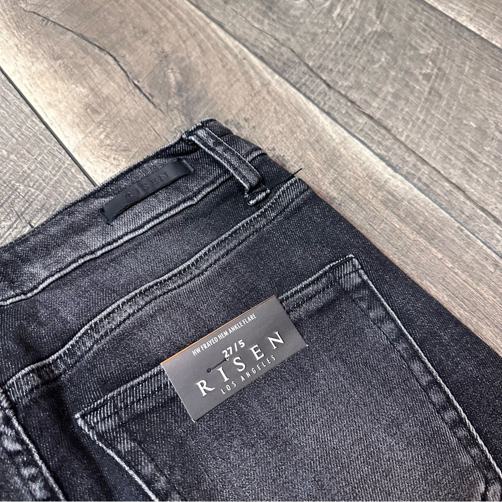 Risen Hi Rise Frayed Hem Ankle Flare Jeans