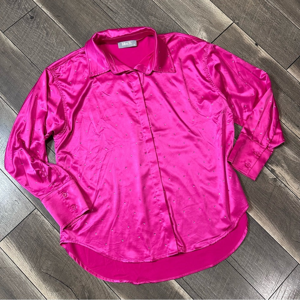Blue B Hot Pink Silky Rhinestone Studded Button Down