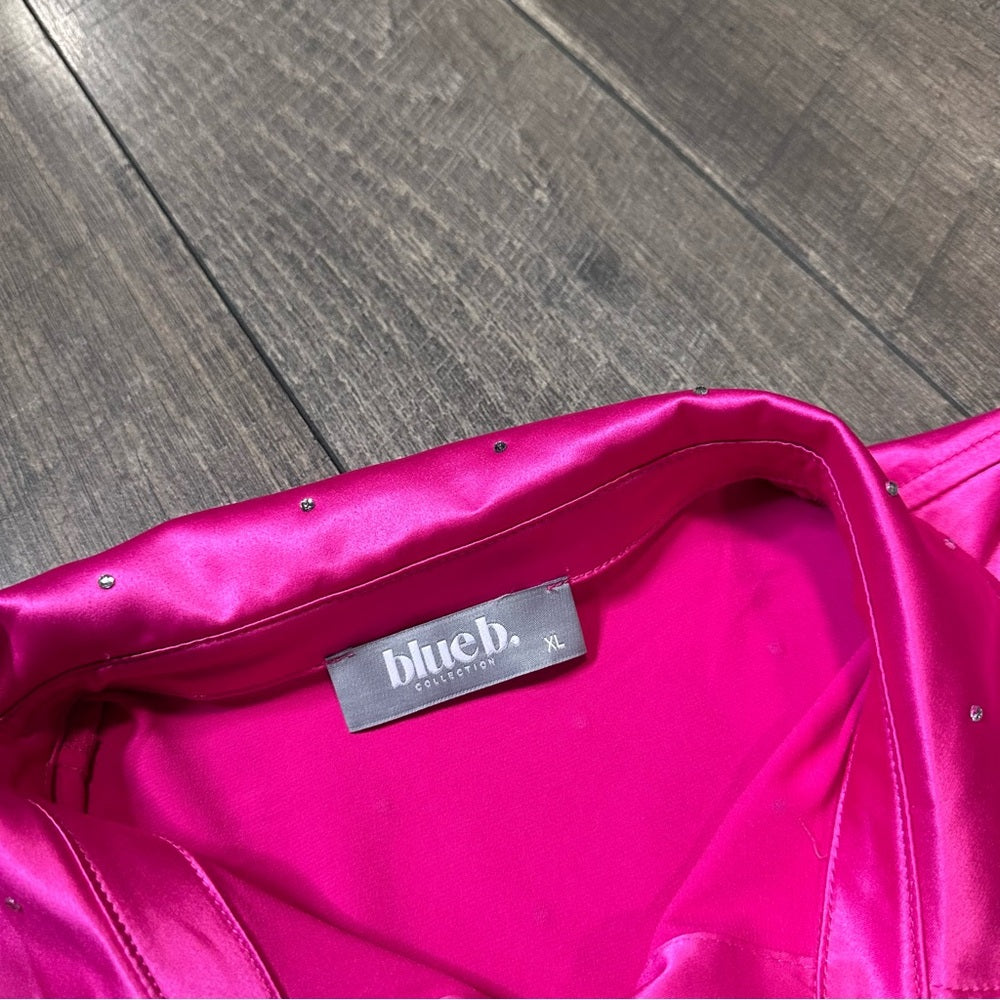 Blue B Hot Pink Silky Rhinestone Studded Button Down