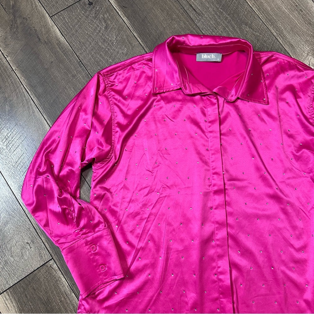 Blue B Hot Pink Silky Rhinestone Studded Button Down