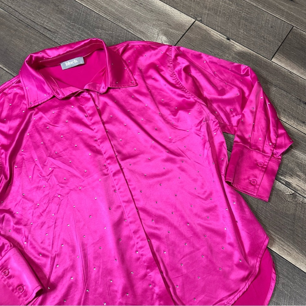 Blue B Hot Pink Silky Rhinestone Studded Button Down