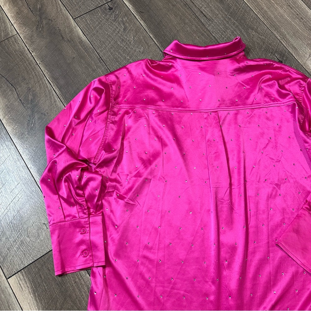 Blue B Hot Pink Silky Rhinestone Studded Button Down