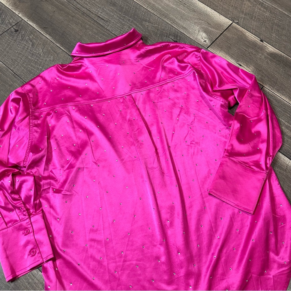 Blue B Hot Pink Silky Rhinestone Studded Button Down