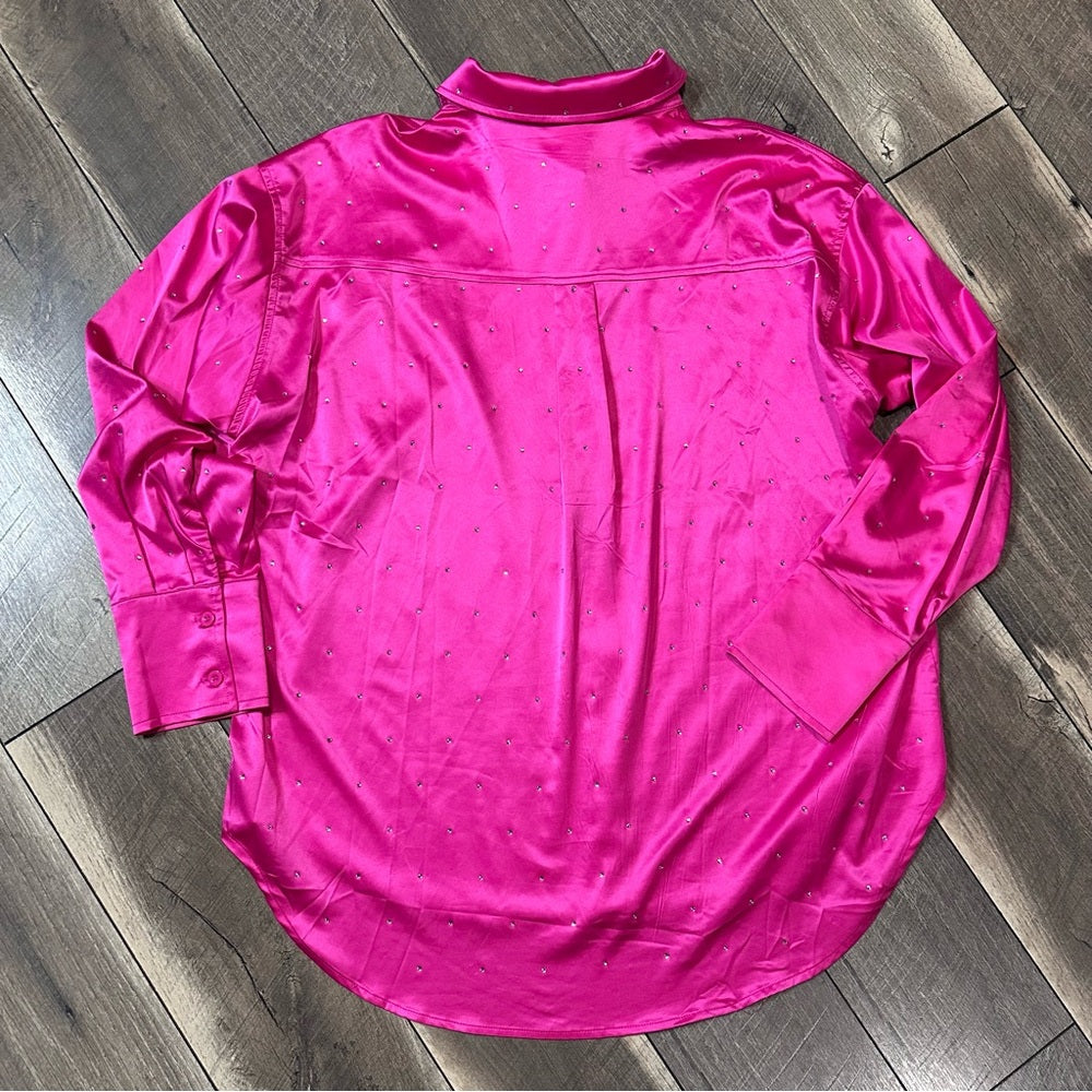 Blue B Hot Pink Silky Rhinestone Studded Button Down