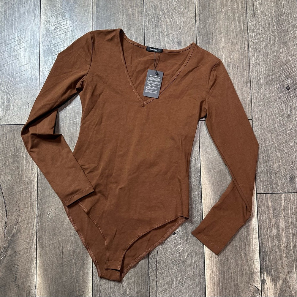 Mangdiup Brown V Neck Long Sleeve Bodysuit