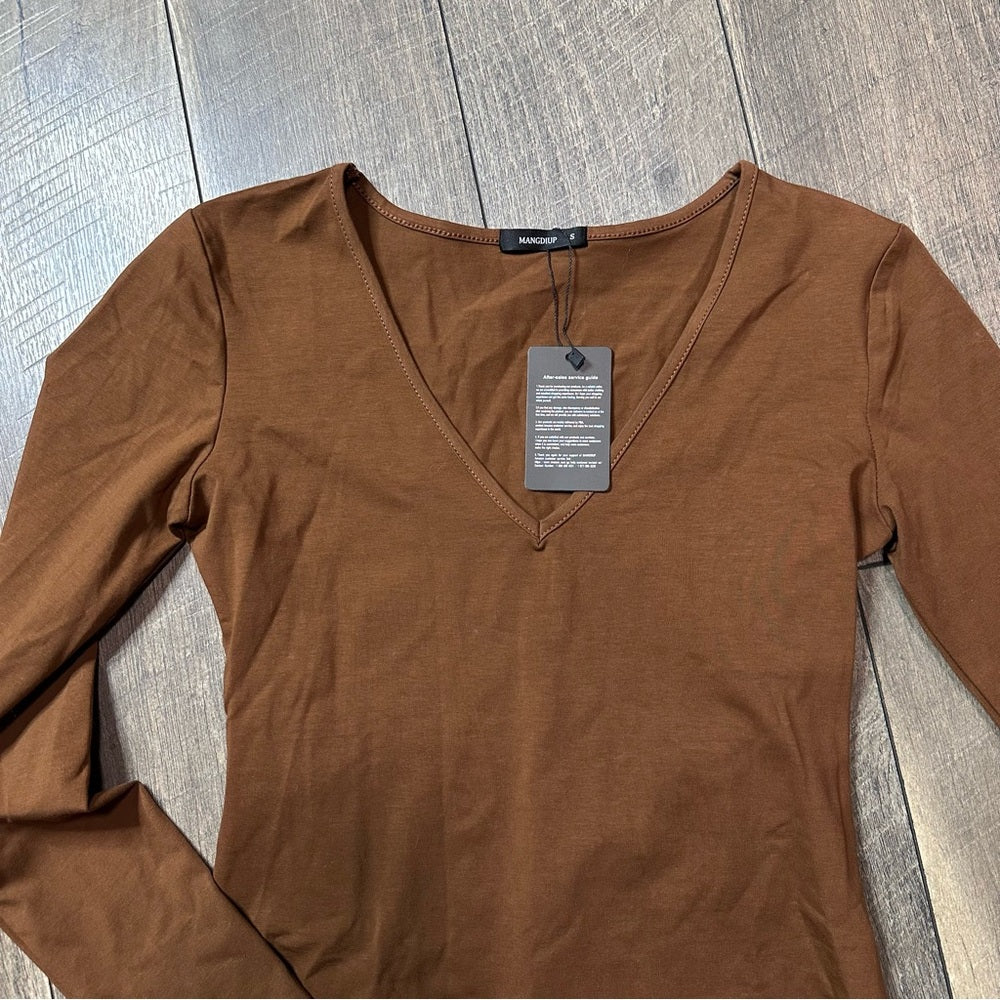 Mangdiup Brown V Neck Long Sleeve Bodysuit