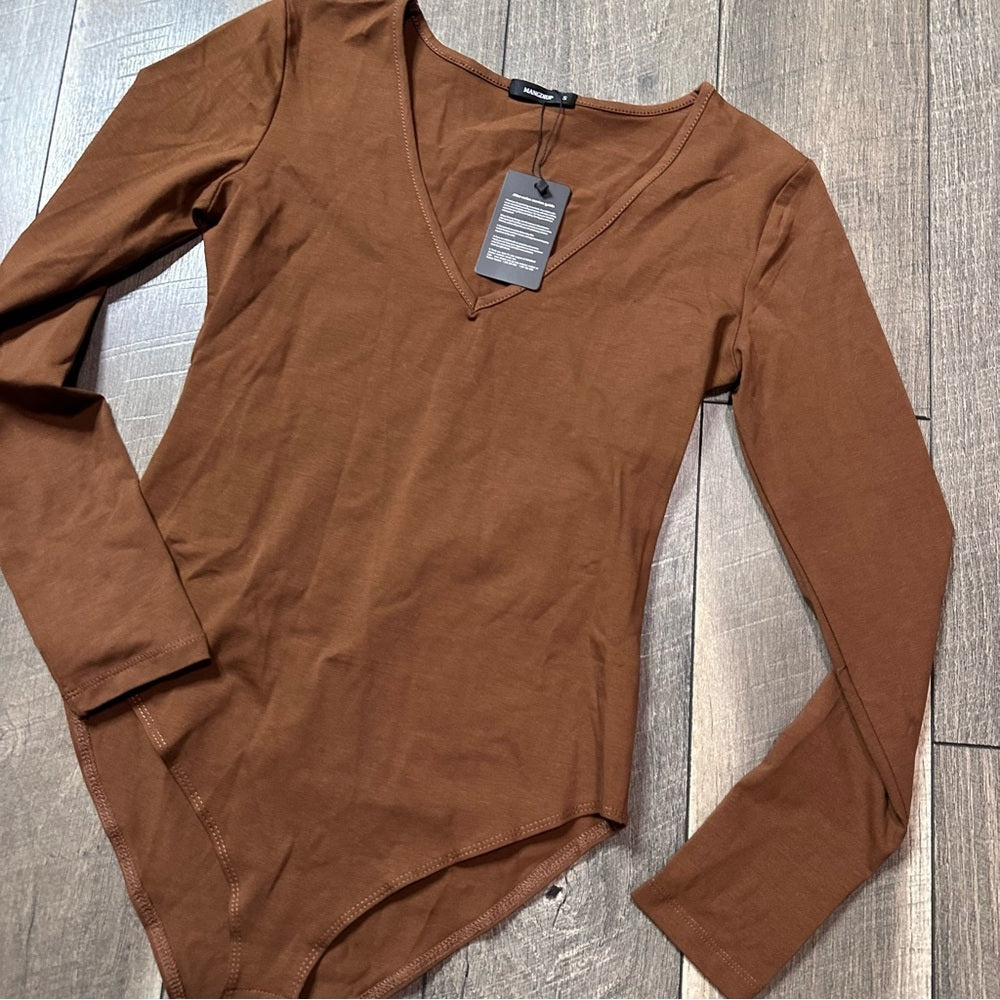 Mangdiup Brown V Neck Long Sleeve Bodysuit