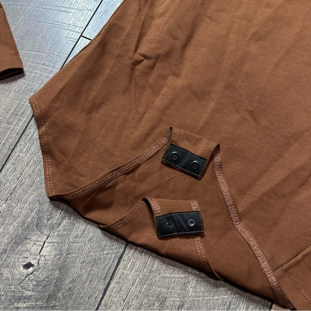 Mangdiup Brown V Neck Long Sleeve Bodysuit