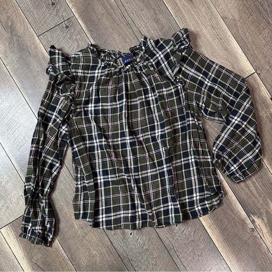 Gap Plaid Long Sleeve Ruffle Shoulder Blouse