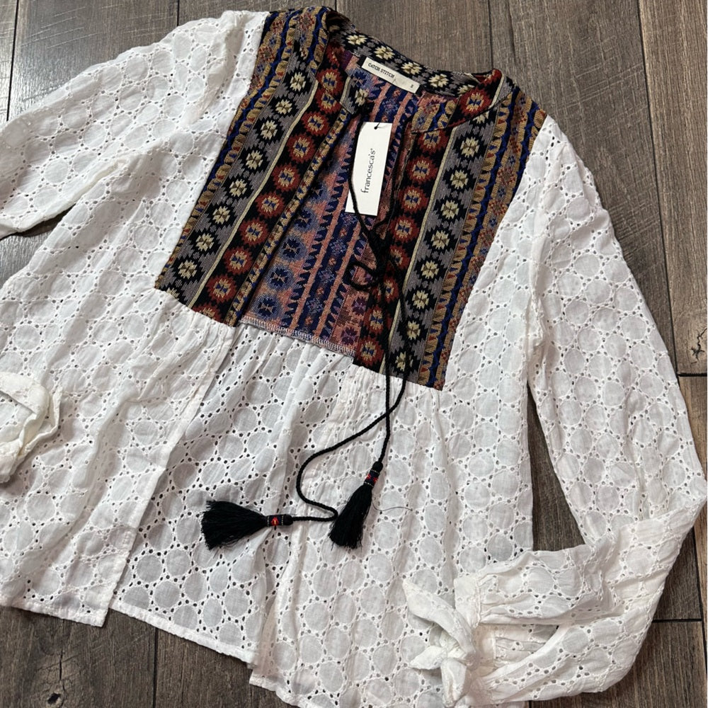 Catch Stitch Open Front Long Sleeve Top
