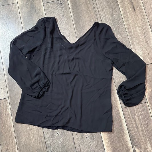 International Concepts Black Sheer V Neck Long Sleeve Top