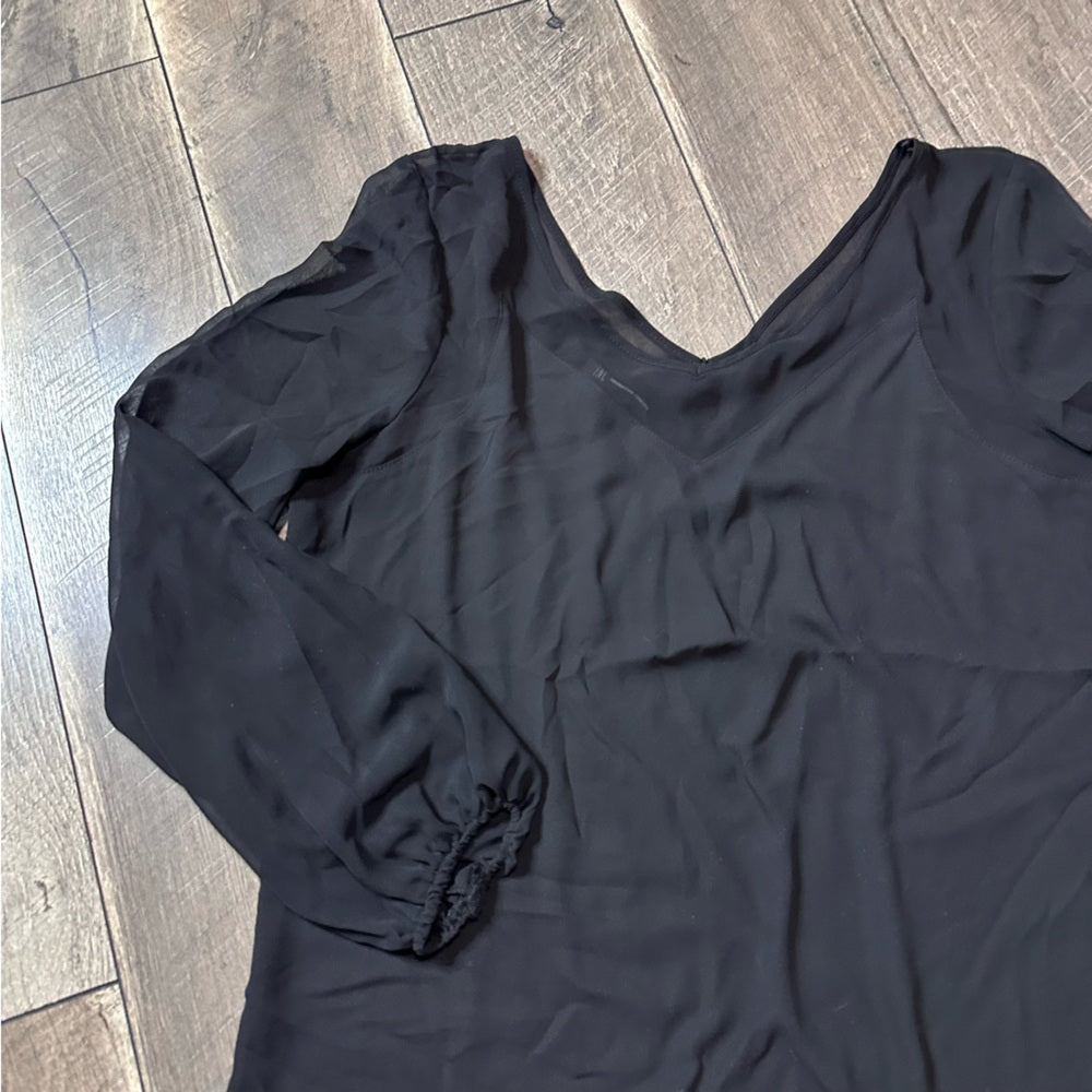 International Concepts Black Sheer V Neck Long Sleeve Top