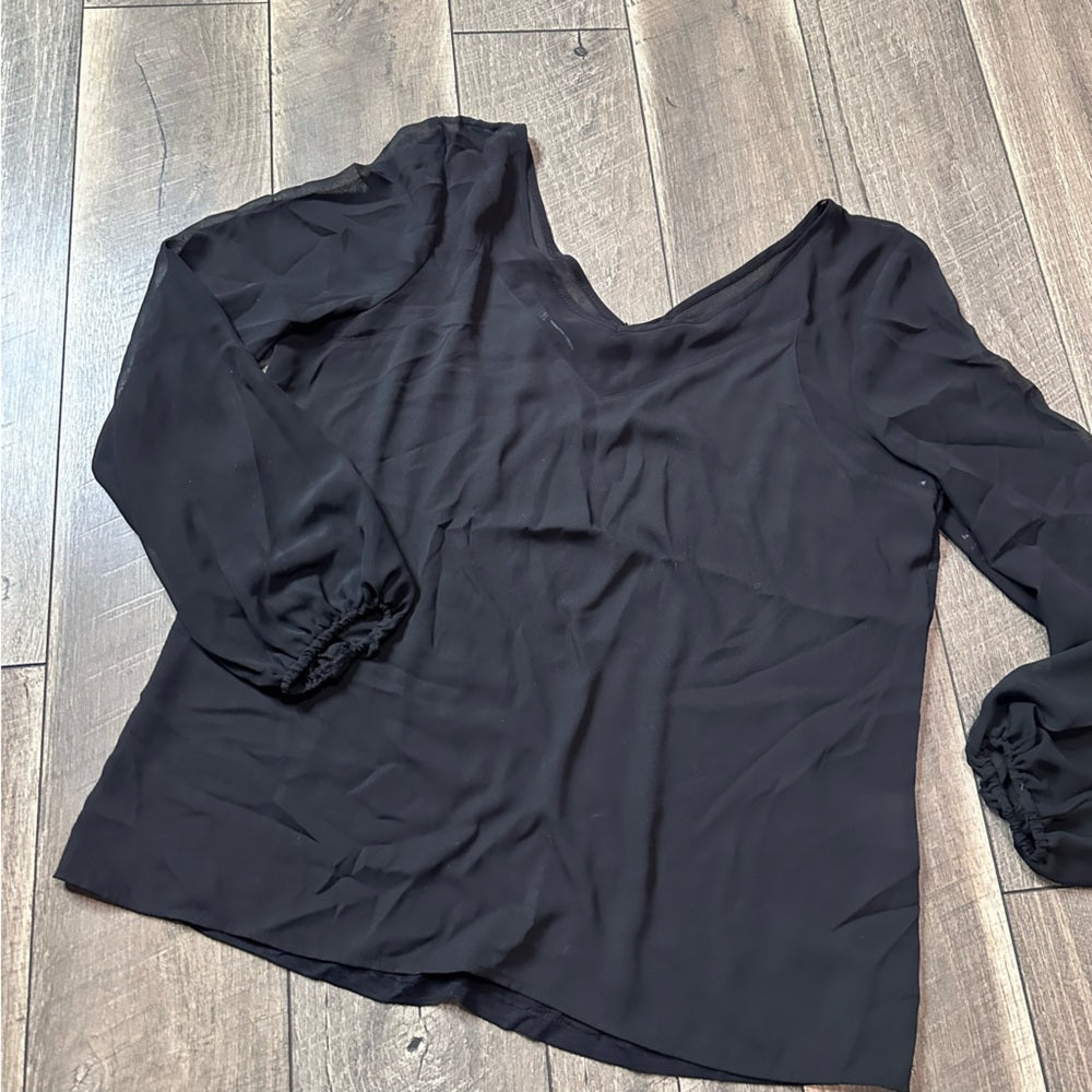 International Concepts Black Sheer V Neck Long Sleeve Top