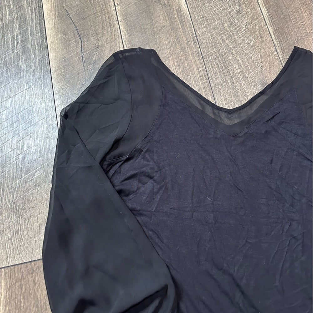International Concepts Black Sheer V Neck Long Sleeve Top
