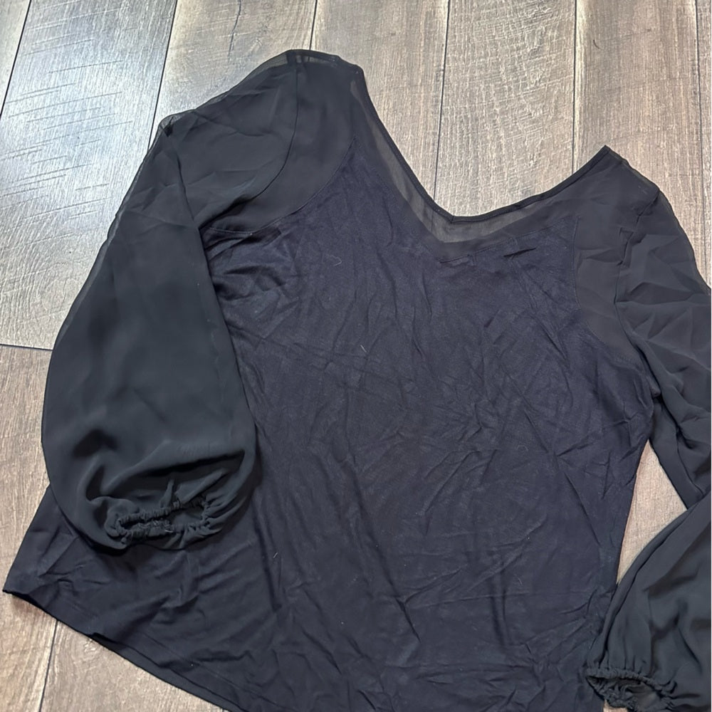 International Concepts Black Sheer V Neck Long Sleeve Top