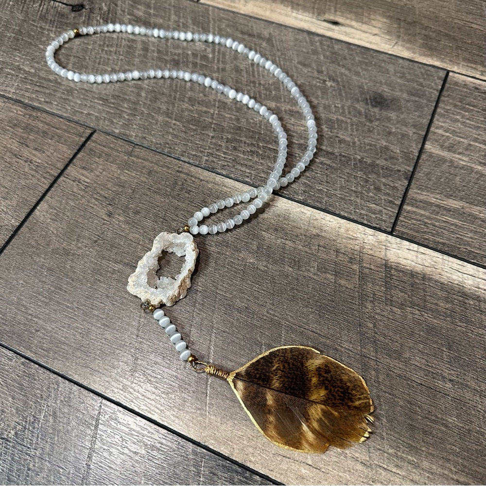 Turkey Feather White Druzy Long Necklace