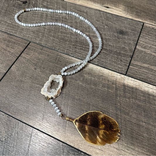 Turkey Feather White Druzy Long Necklace
