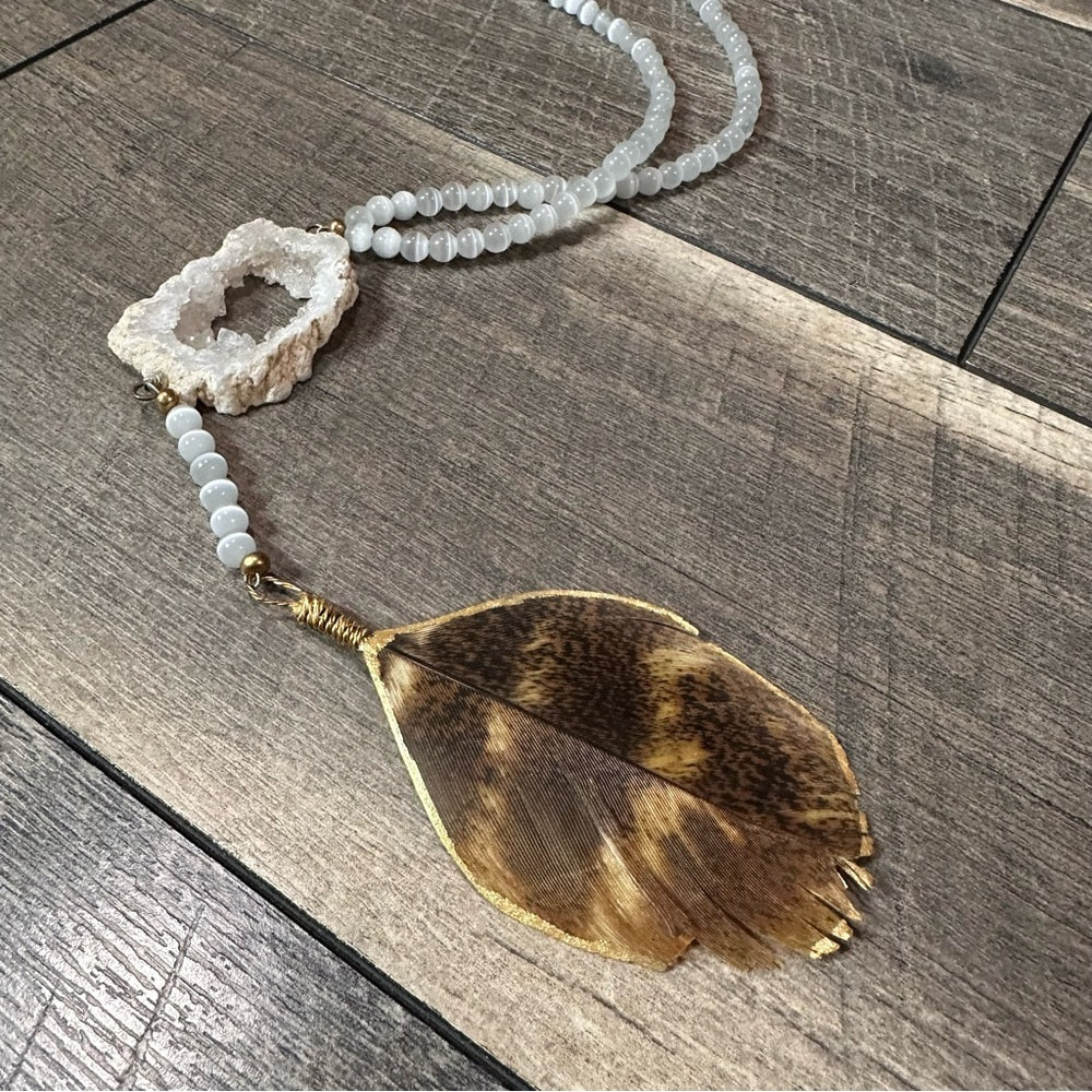 Turkey Feather White Druzy Long Necklace