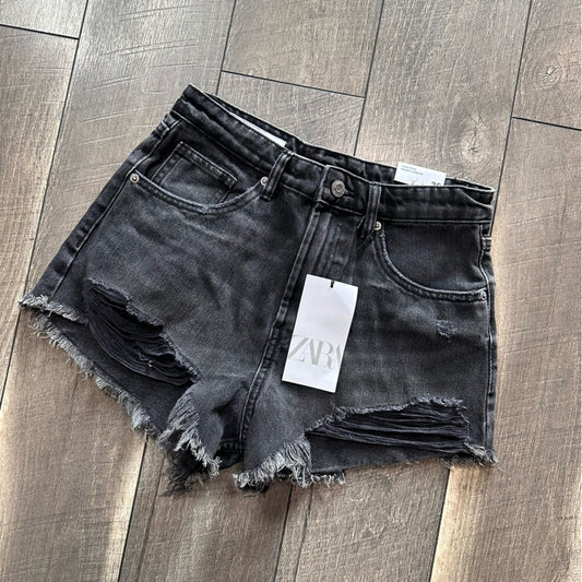 Zara Black Hi Rise Distressed Shorties