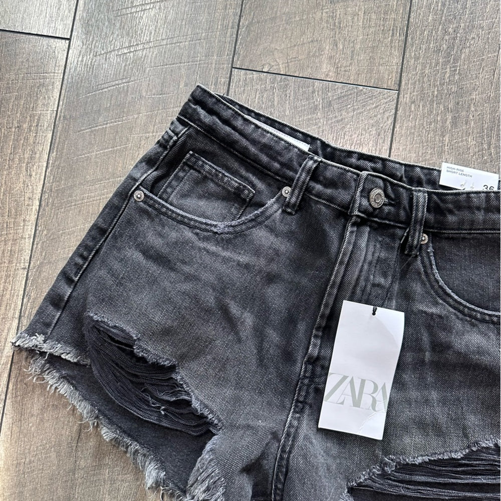 Zara Black Hi Rise Distressed Shorties
