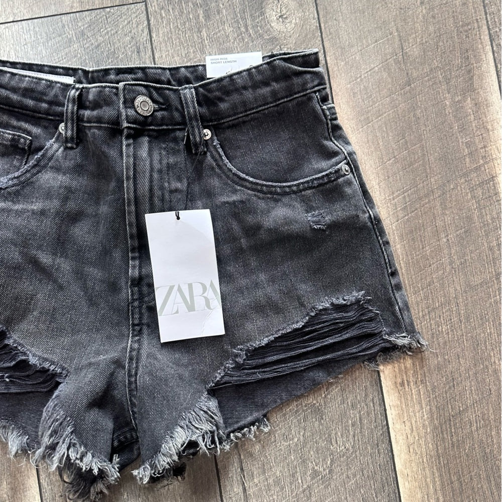 Zara Black Hi Rise Distressed Shorties