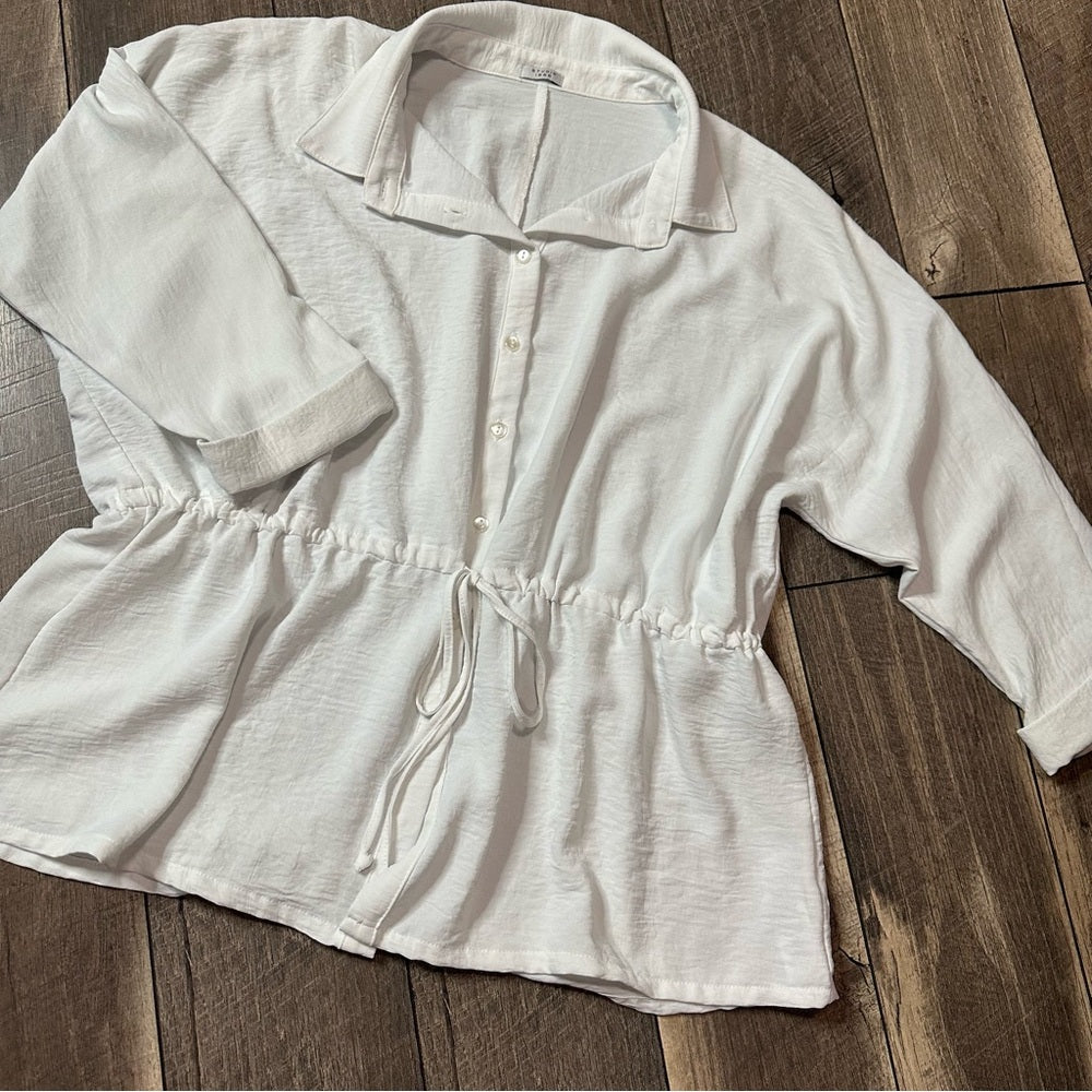 Studio 1886 3/4 Sleeve Cinch Waist Button Down Top